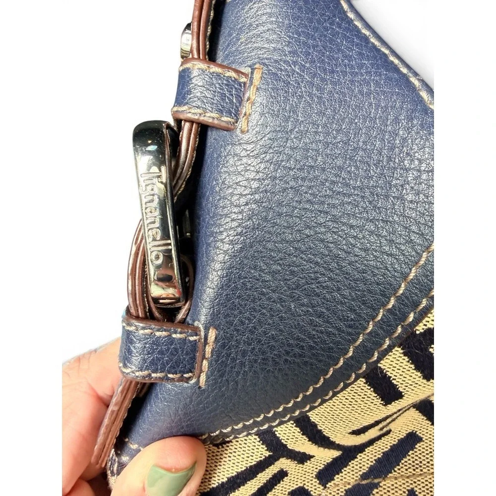 Tignanello Hobo‎ Bag Womens Navy Canvas Logo Y2K Vintage Classic